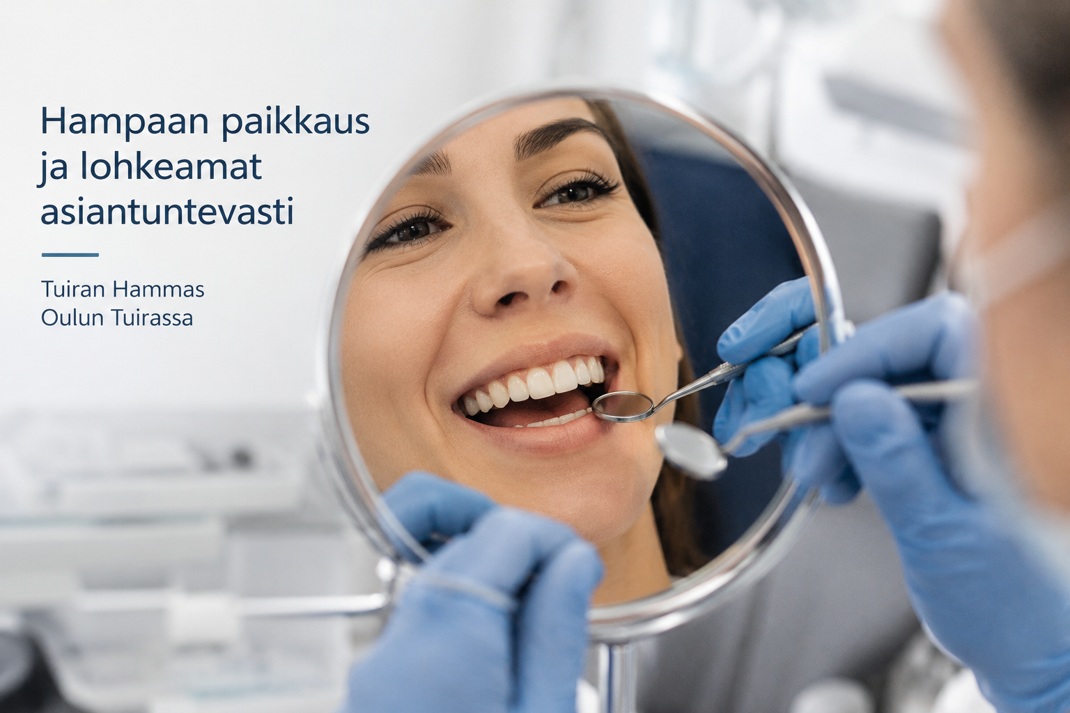 Hampaan paikkaus ja lohkeaman tutkiminen Tuiran Hampaassa Oulun Tuirassa – hammaslääkäri tarkistaa potilaan hampaita peilin avulla.