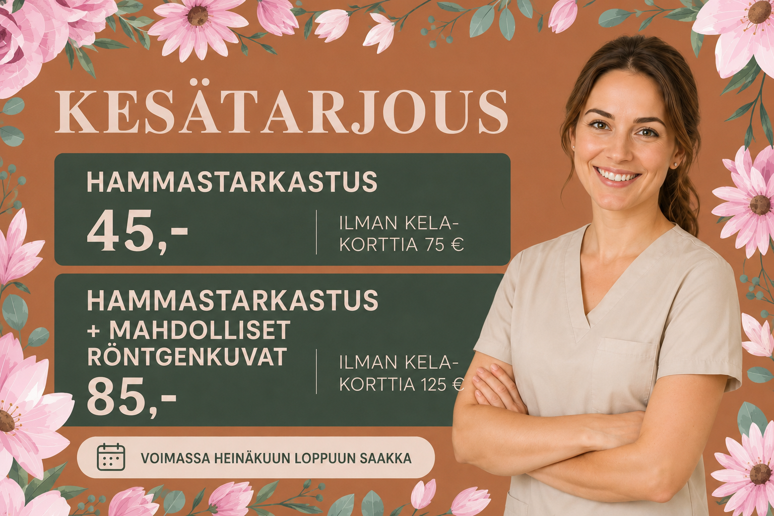 Hammastarkastus Oulun Tuirassa Tuiran Hampaassa – kesätarjous hammastarkastus 45 € ja tarkastus röntgenkuvilla 85 € heinäkuun loppuun.