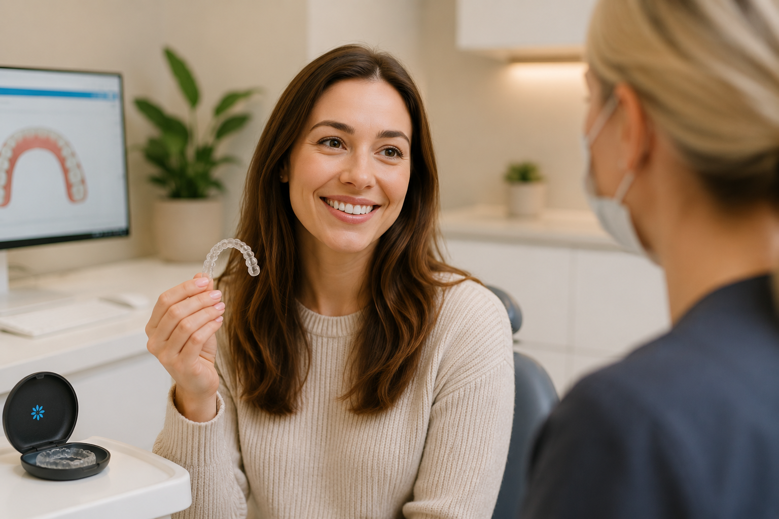 Kalvo-oikominen ja Invisalign Oulussa – potilas tutustuu läpinäkyviin oikomiskalvoihin Tuiran Hampaassa.