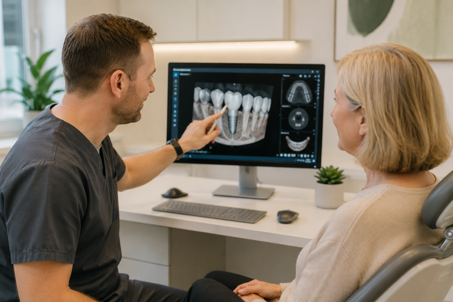 Hammasimplantti Oulussa – hammaslääkäri suunnittelee implanttihoitoa potilaan kanssa Tuiran Hampaassa.